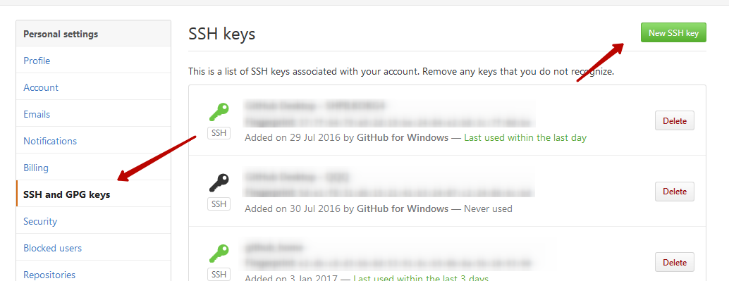 добаление ключа на GitHub